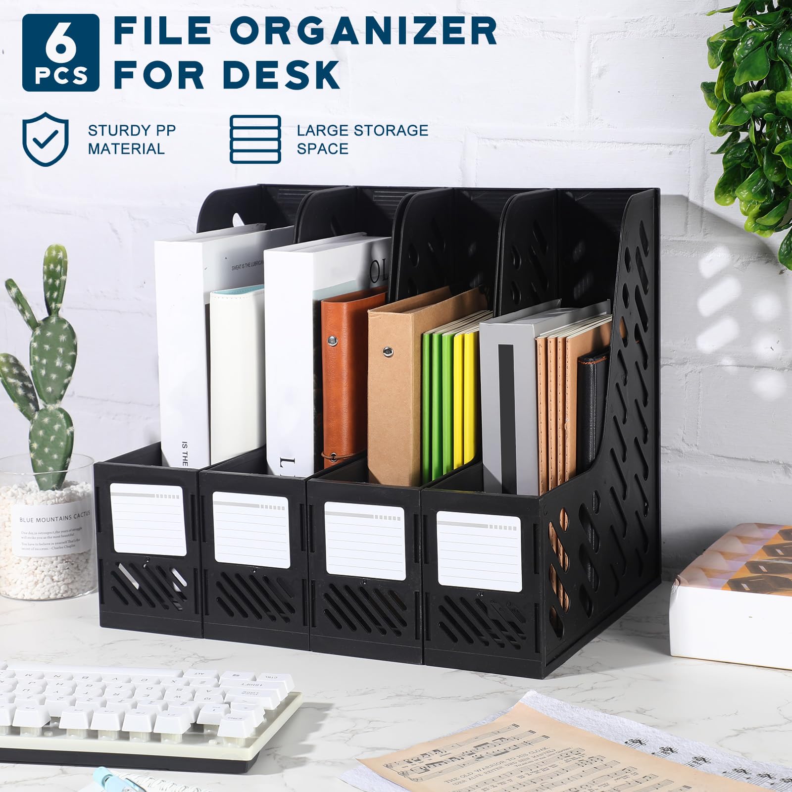 Glenmal 6 portariviste in plastica, pieghevoli, verticali, organizer da scrivania, per casa, ufficio, scuola, desktop, accessori estetici (nero)
