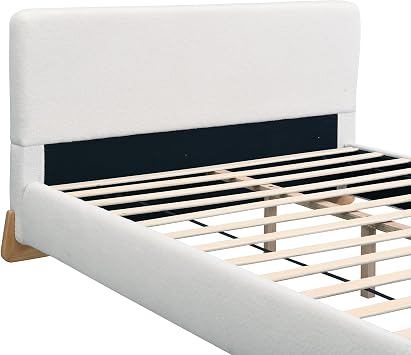 Queen Size Boucle Bed Frame with Curved Headboard, Modern Upholstered Cloud Bed Frame Queen, Luxurious Platform Marshmallow Beds, Solid Wood Base, No Box Spring Required, White