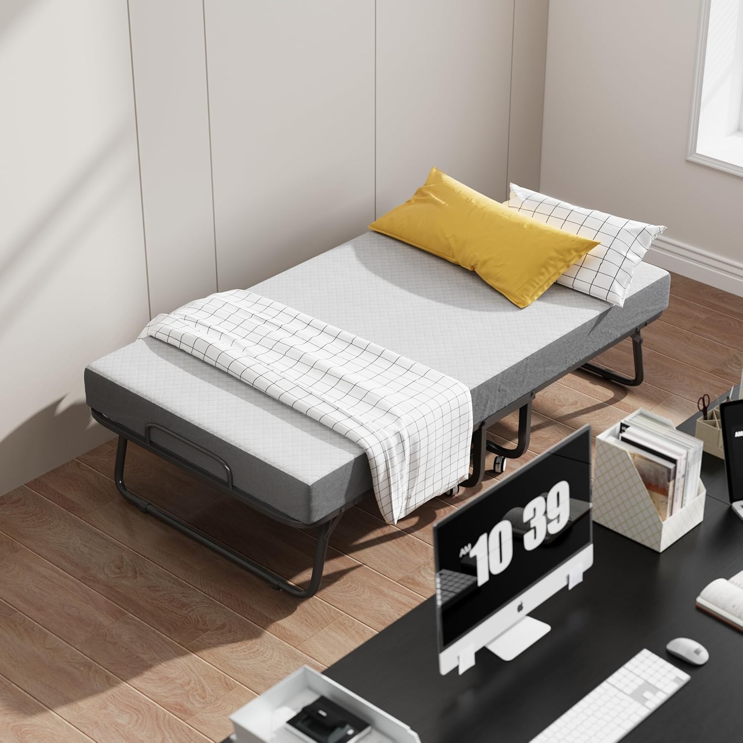 Portable Folding Bed for Adults, 75” x 38” Metal Foldable Bed on Wheels for Guest, Heavy Duty 450 lbs Support, Space Saving Roll Away Beds for Easy Storage