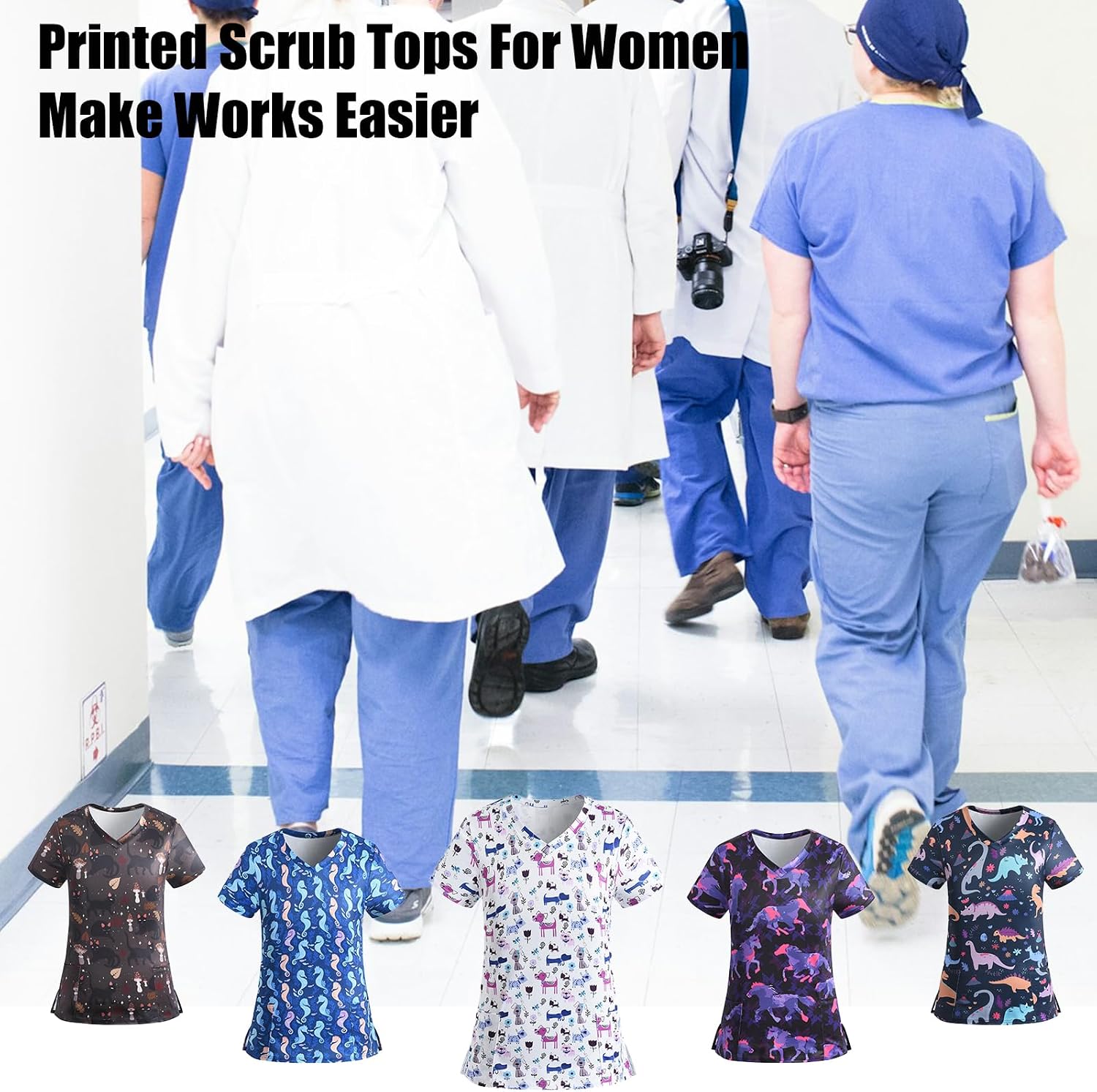 Scrub Tops for Women Short Sleeve Vneck Stretch Holiday Scrub Shirt Cute Animal Print Nursing Workwear with 2 Pockets