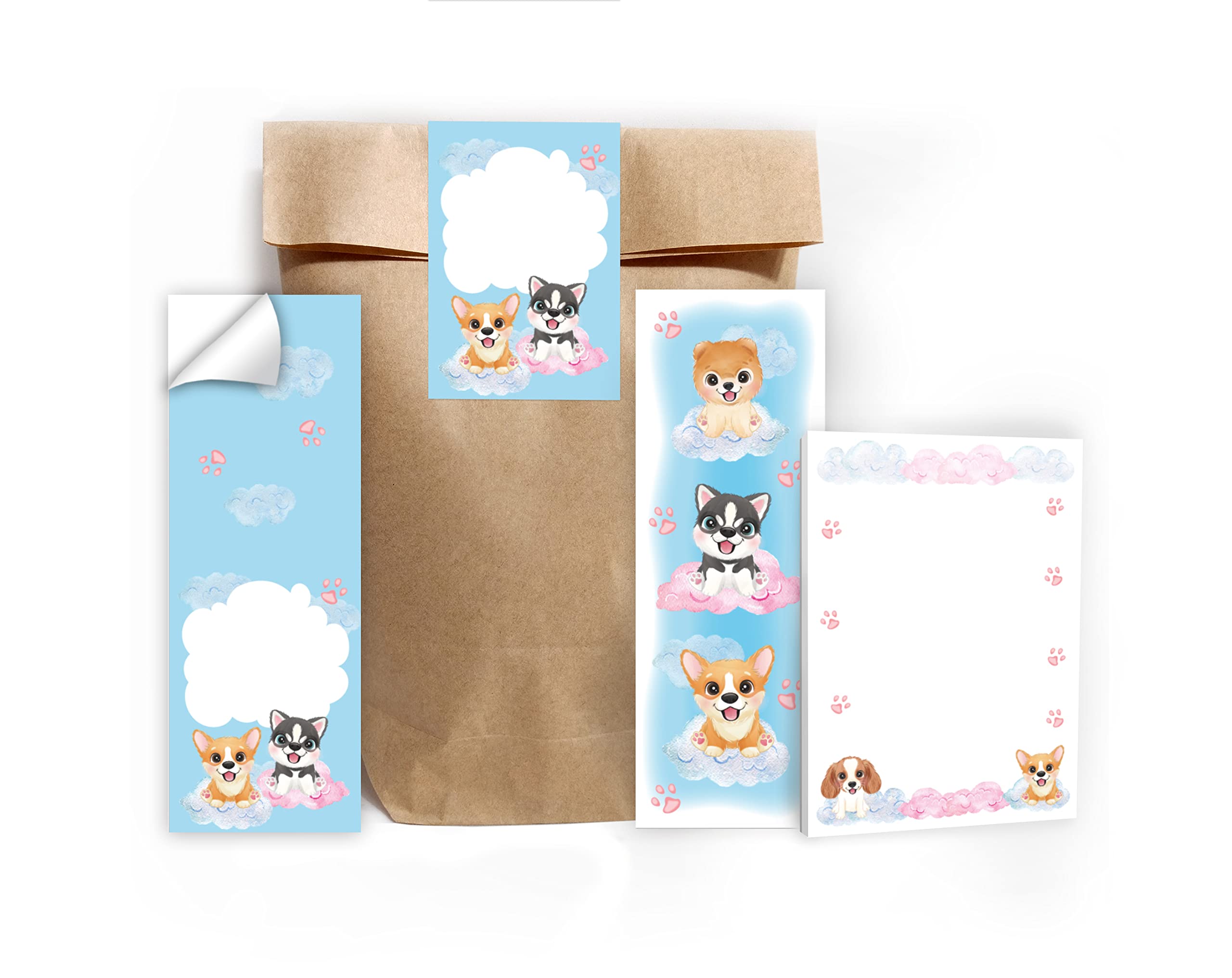 Lot De 12 Cartes D'invitation Pour 7ème Anniversaire D'enfant - Pour Fille Et Chien - Avec 12 Enveloppes, 12 Sachets - Naturel - 12 Autocollants - 12 Marque-pages - 12 Blocs