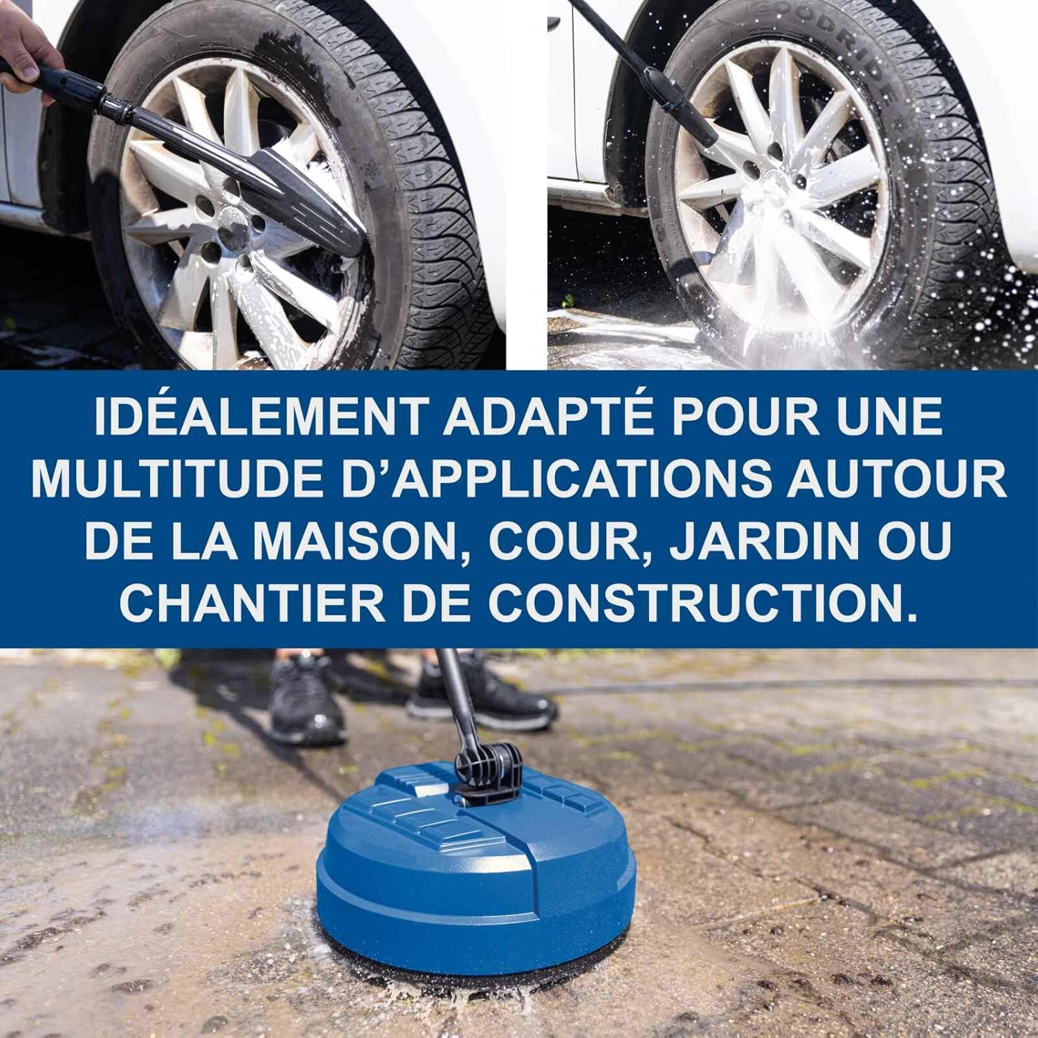 Collage showing the pressure washer cleaning car wheels and a surface cleaner attachment in use on a patio