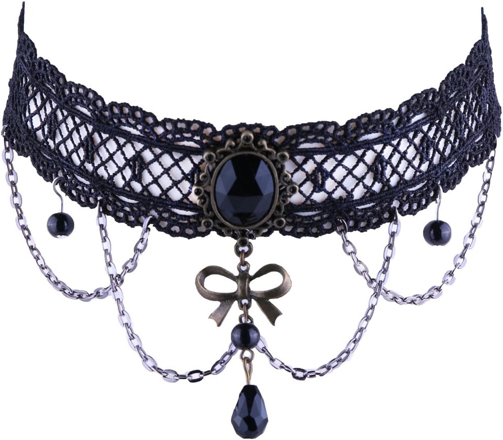 JapanAttitude Black Lace Choker Chains, Black and Stones Knot KAW