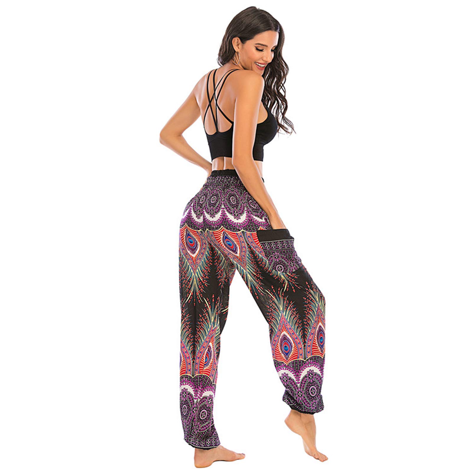 Sarouel Femme Pantalon Hippie Élastique Pantalon Jogger Poche Baggy Taille Haute Gym Sport Lounge Pantalon pour Yoga Summer Plage 002-Taille Unique
