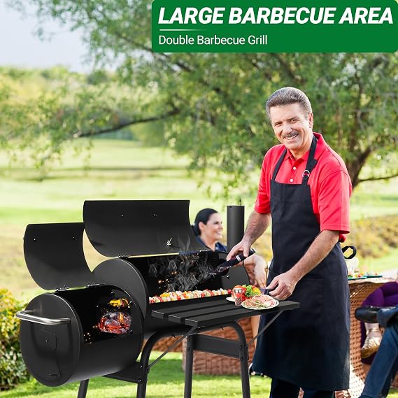 Barrel Grills Charcoal with Wheels and Front Table, Charcoal Grill with Smoker, Built-In Thermometer, 430 Square Inches, Offset Smoker Grill for Outdoor Backyard, Patio, Camping and Parties, Black