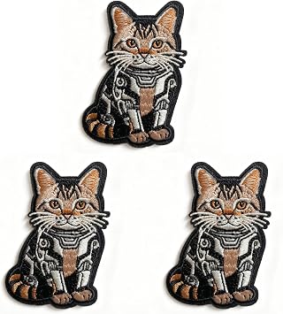 U-Sky Sew or Iron on Embroidered Patches | Cybernetic Cat with Mechanical Parts Fusion Design | Steampunk Animal Theme for Jackets Bags Hats Denim | 2.0"x2.9" 3PCs Pack