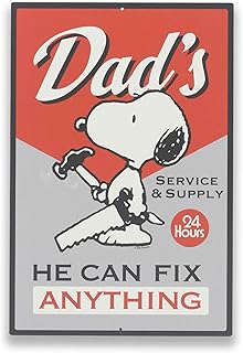 ピーナッツ スヌーピー お父さん Can Fix Anything メタルサイン - 面白いスヌーピー 壁装飾 ガレージや男の洞窟用 - 素晴らしいギフトアイデア