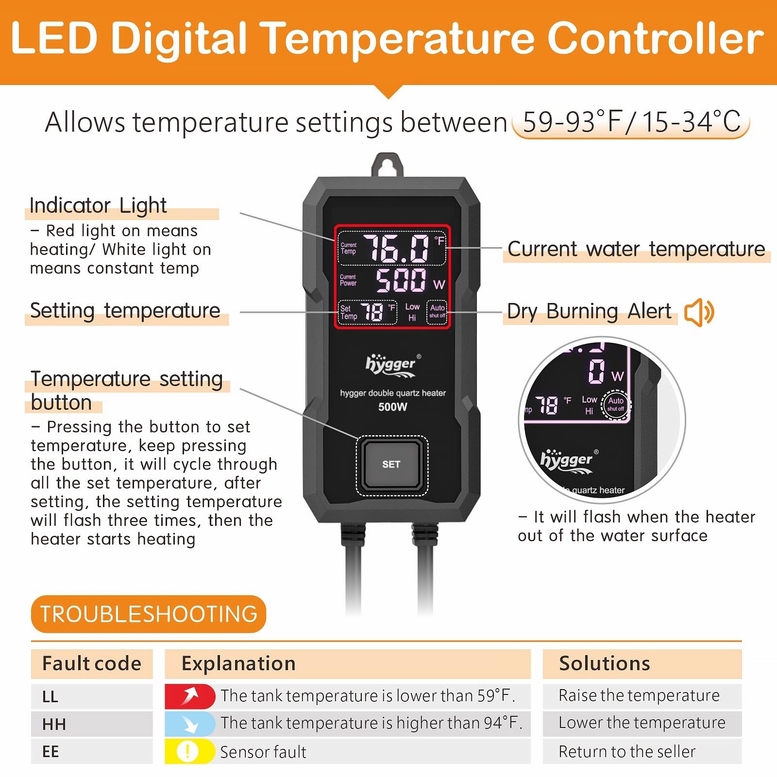 hygger Aquarium Heizung Tauchheizer Aquarienheizung mit LED Intelligentem Digitalanzeige Controller, Aquarium Heizstab Tauch Aquarium Heizer Stabheizung-500W