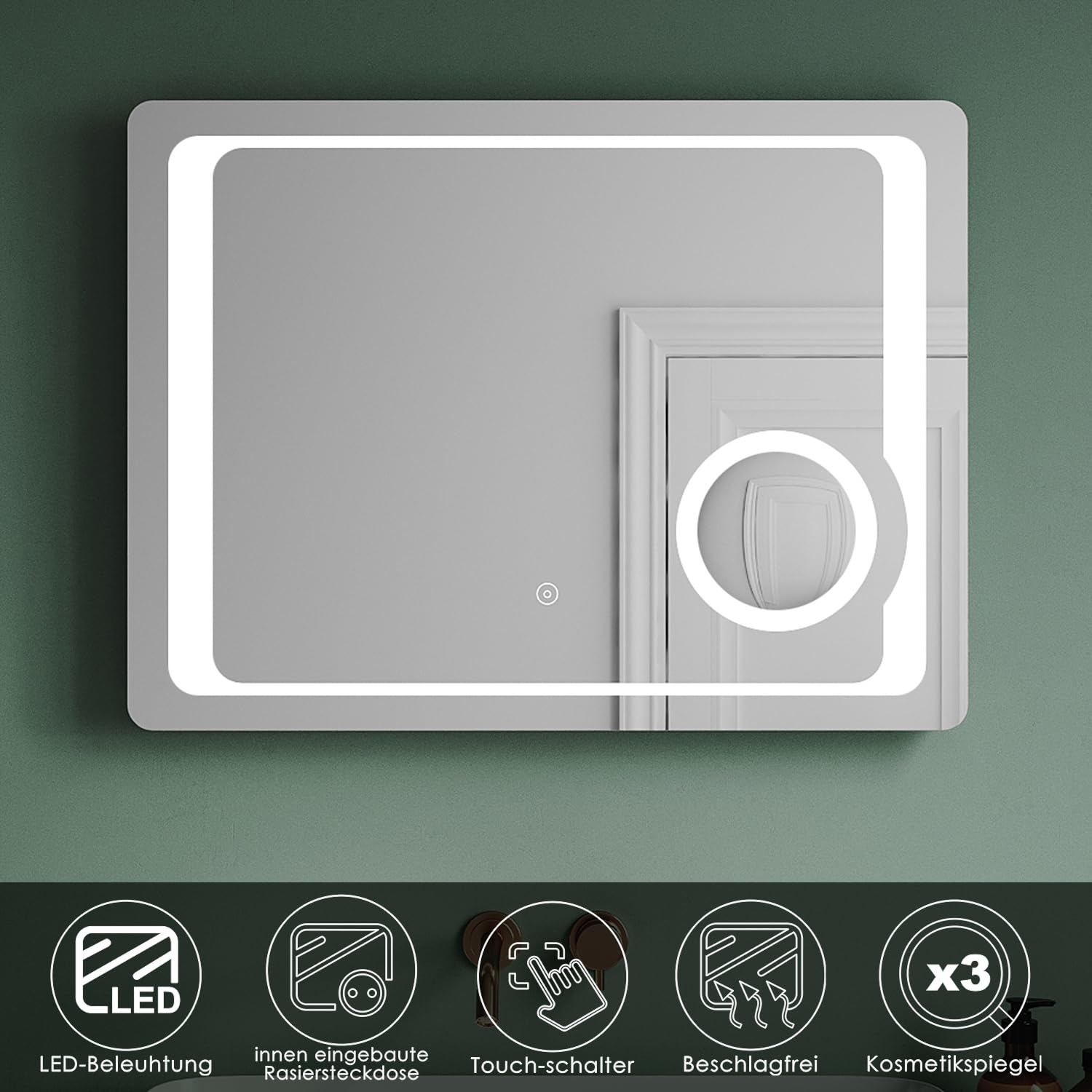 Miroir Mural Salle De Bain LED Anti-Buée Cadre Complet Finition Givrée Avec Interrupteur Tactile Pour Maquillage Rasage Coiffeuse 81762859