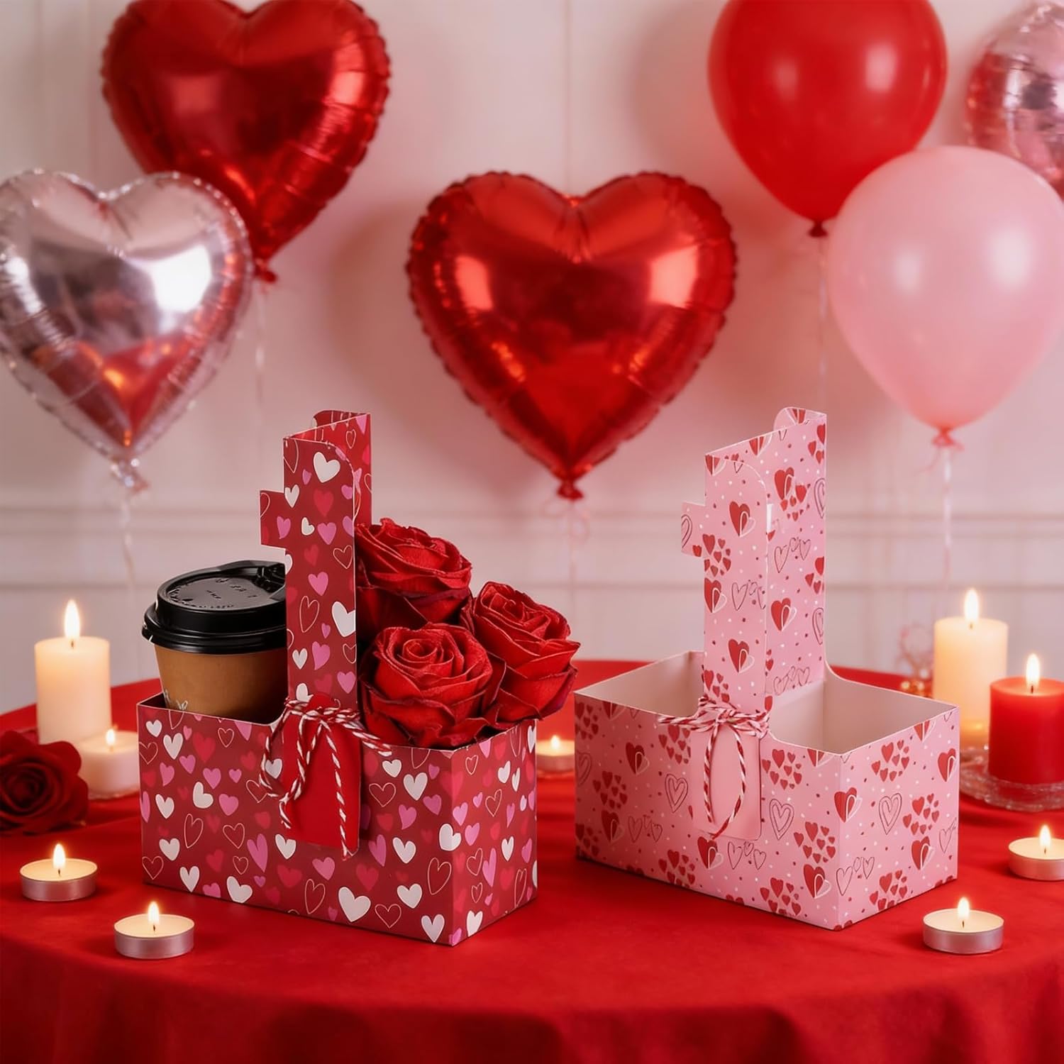 24 Set Valentine's Day 2 Cup Drink Carrier with Handle - Red Pink Heart Coffee Cup Holders Floral Gift Bags with Card and Rope for Valentine's Party Gift - Image 4