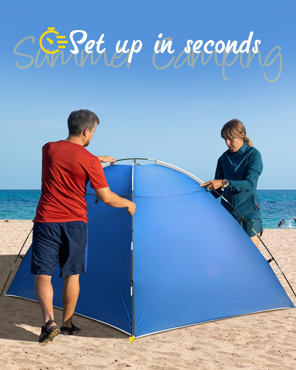 Tente de plage pour 2 à 4 personnes, abri solaire UPF50+ protection UV, pare-soleil sorcière énorme fenêtre en maille respirante, facile à installer, pour la plage, le camping, la pêche