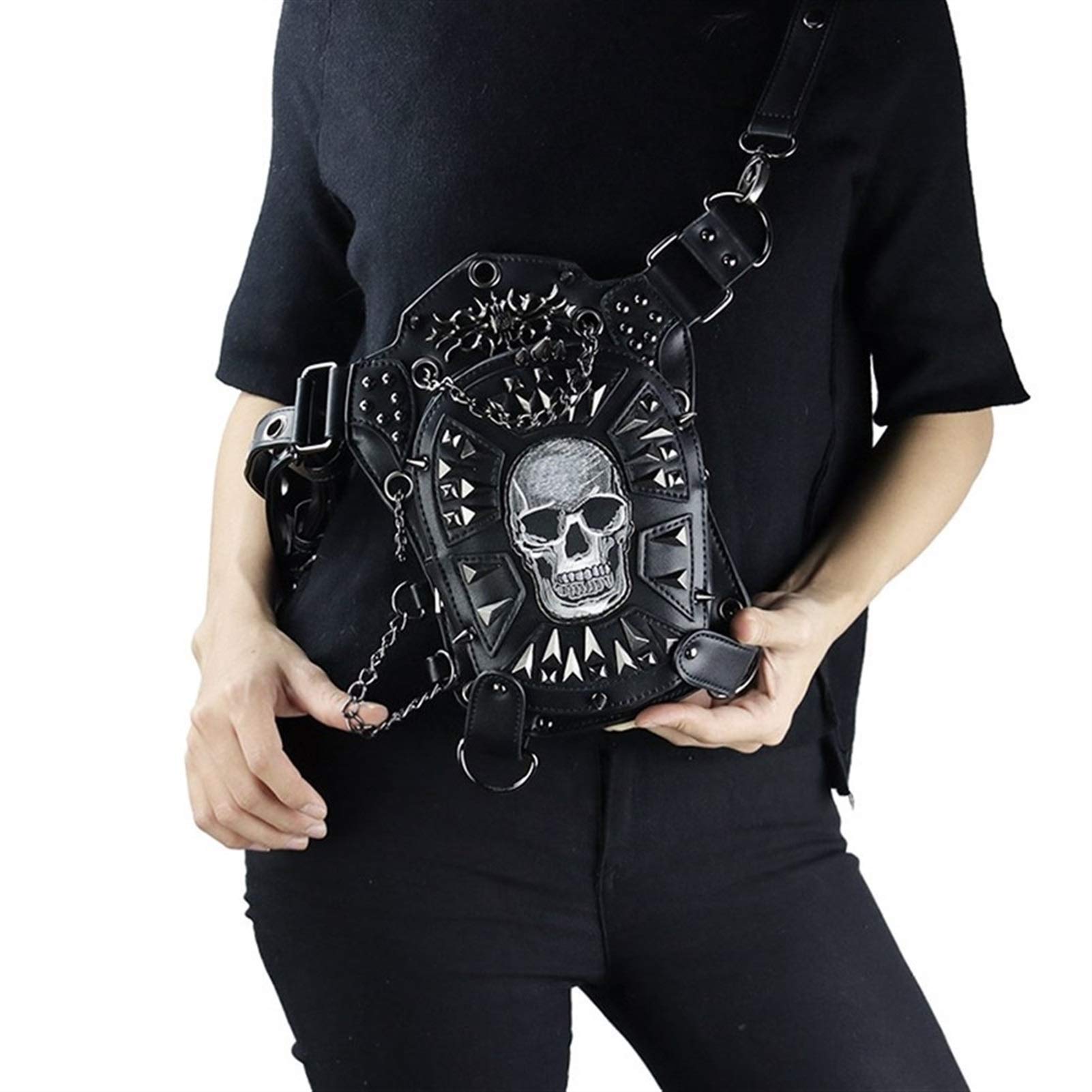 Pu-Leder Frauen Gürteltasche Nieten Schädel Crossbody Umhängetasche Motorrad Drop Bein Gürtel Taschen Punk Rock Nachricht Tasche Hüfttasche Männer Adjustable (Color : Black)