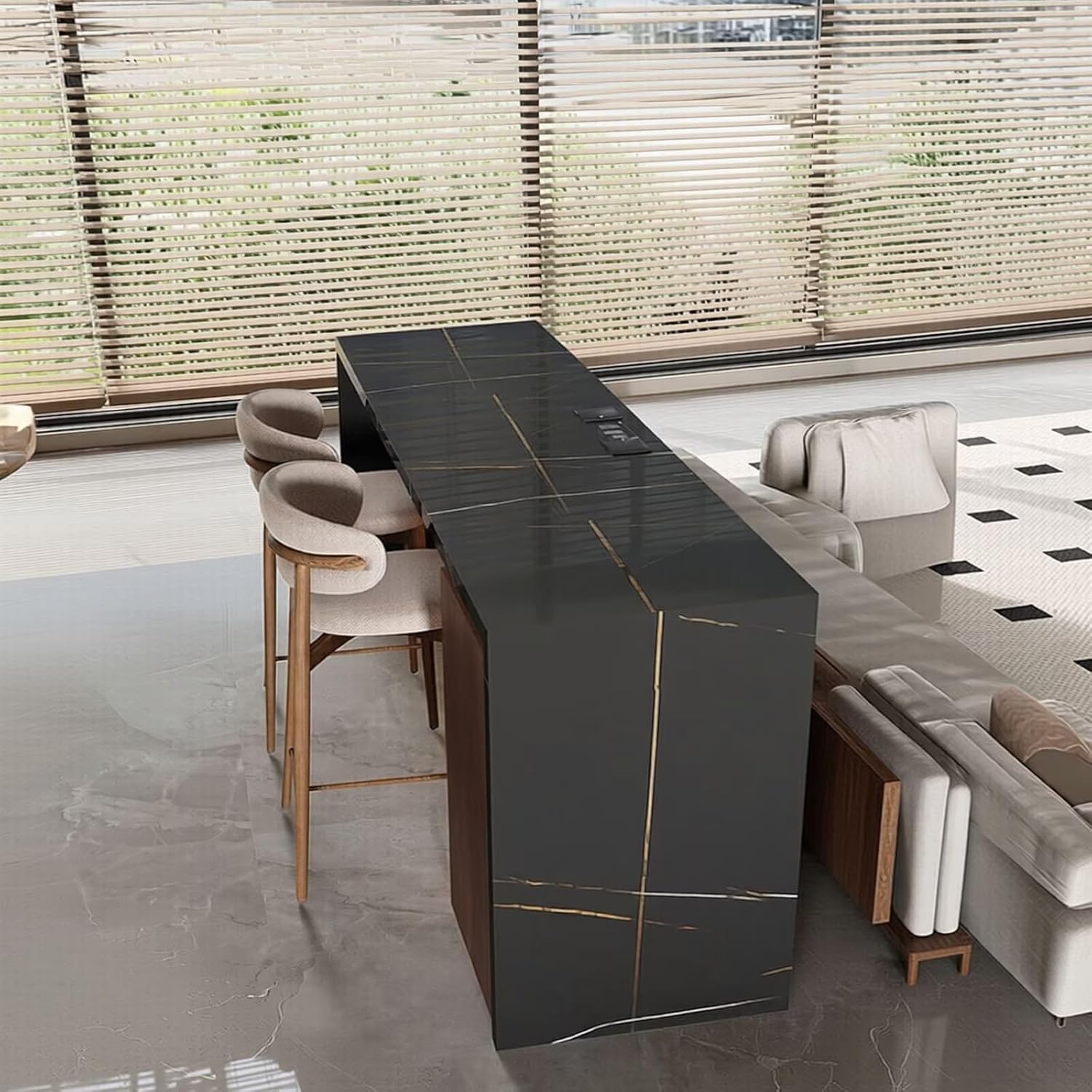 Modern Island Table - Marble Top Bar Counter with Wooden Base, Modern Tall Bar Counter Includes Storage for Living Room (72IN No Chairs)