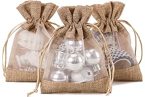 WRAPAHOLIC 50 PCS Burlap Drawstring Gift Bags with Sheer Organza - Rustic...