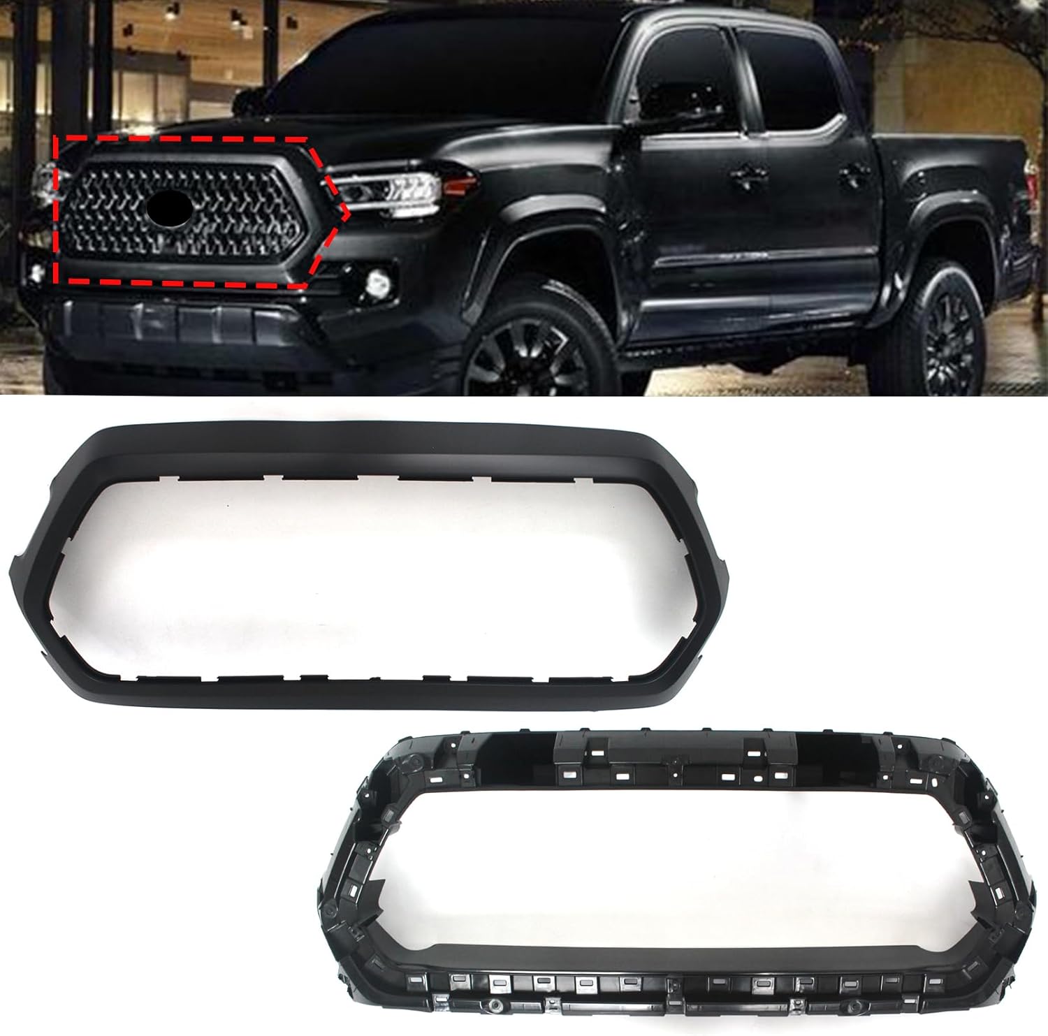 Front Upper Grill Outer Frame Surround & Bracket Holder For Toyota Tacoma 2016-2022 Black Performance Accessories (Without Grille)