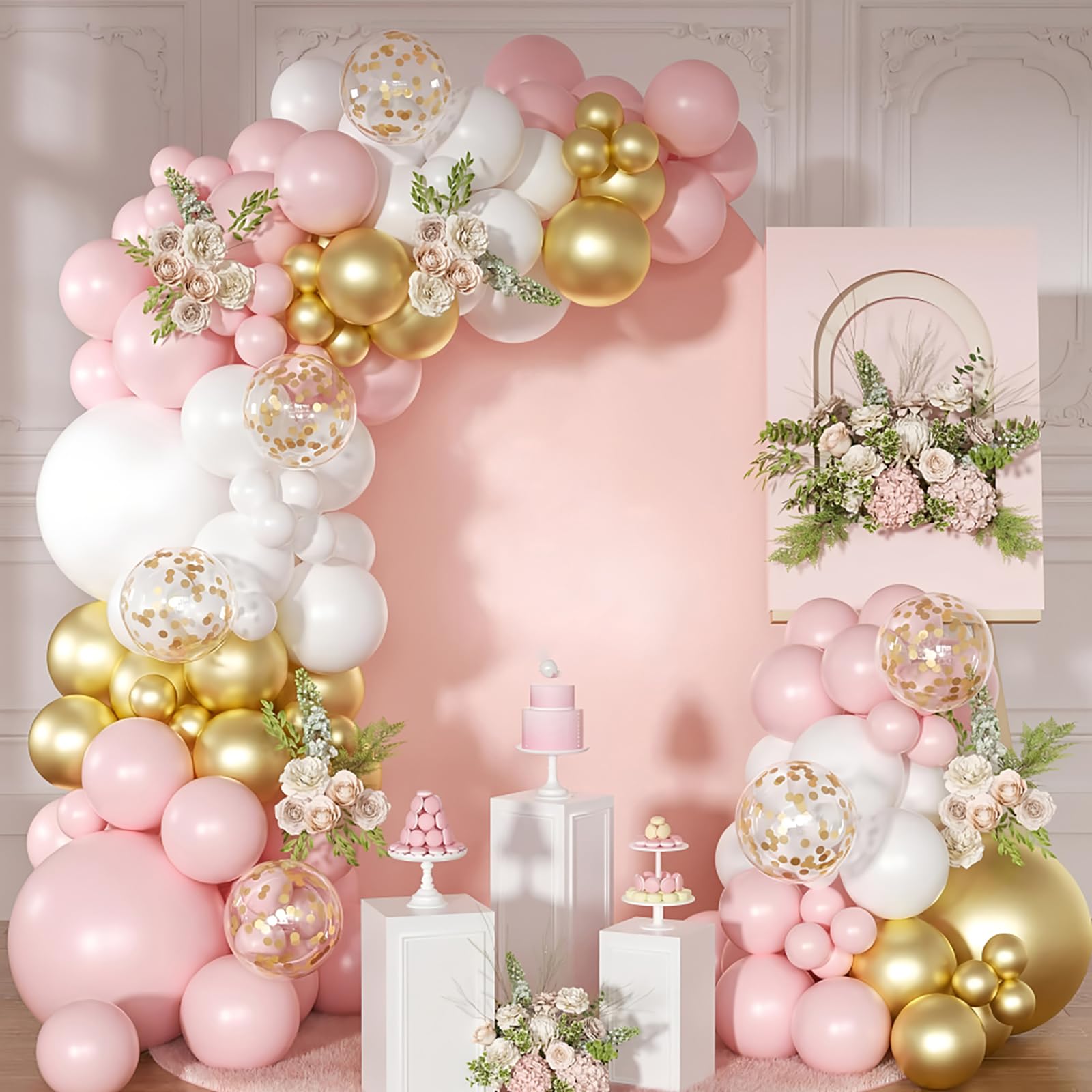 KUKUTrue® Balloon Garland, 150 Piece Pink White Gold Balloon Set with Gold Confetti, Baby Shower Balloons Girl, Party Decorations for Baby Shower, Birthday, Wedding and Special Occasions — image 1