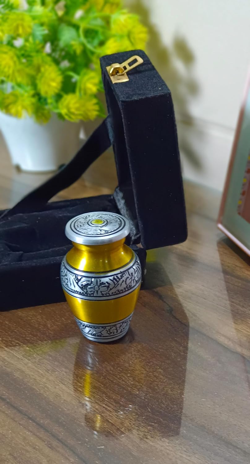 Yellow & Silver Keepsake Urn - Small Urn for Human Ashes with Box - Mini Urn for Ashes - Perfect Memorial Urn - Honor Your Loved One with Small Cremation Urn - Urn for Male, Female & Baby