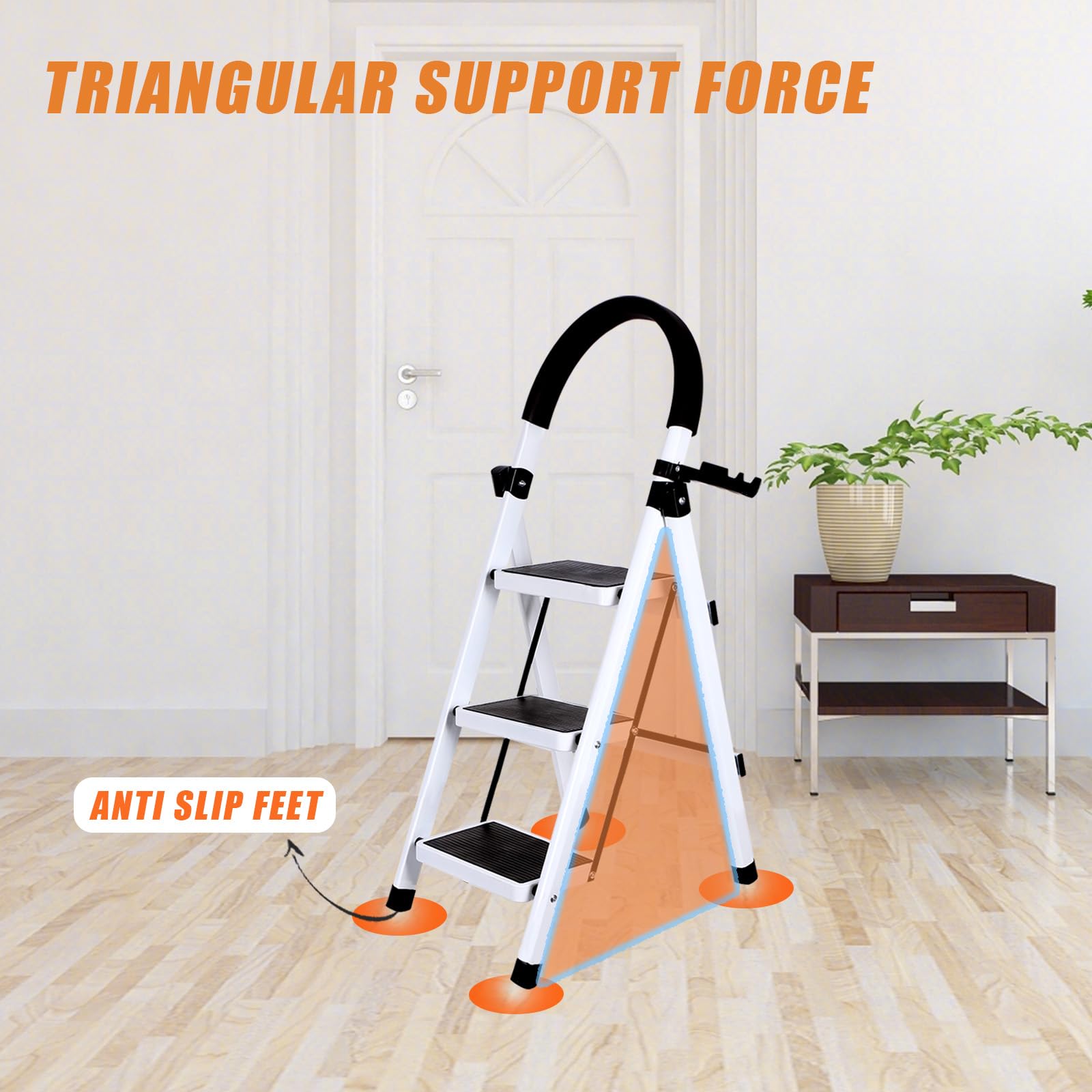 Escabeau avec Plateforme de Travail, Charge 180 kg Escabeau Pliable, Larges Marche Pied Pliable Antidérapantes, Tabouret en Acier Marche Pied Adulte (104 x 57 x 41,5 cm – 3 étapes (Blanc))