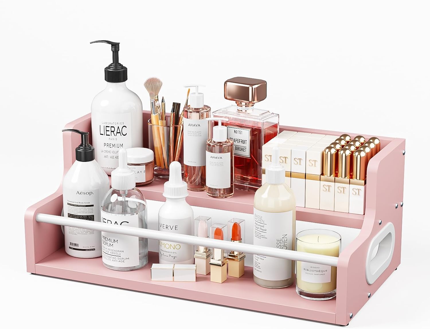 KLM 2-Tier Liquor Bottle Display Shelf, Bar Counter Organizer with Metal Rod, Mini Bar Storage Rack (Pink)