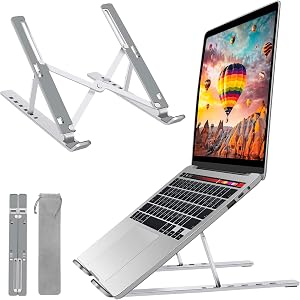 Laptop Stand, Aluminum Full Coverage Non-Slip Rubber Adjustable Ergonomic Portable Laptop Holder, Foldable Computer Stand 6 Angles Anti-Slip Laptop Riser Compatible with 4-17 inch Laptops