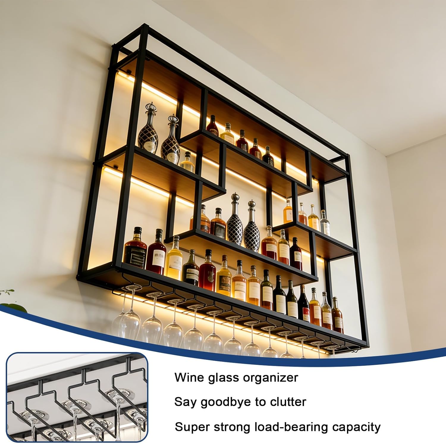 Wine Rack Wall Mounted with LED Lights, Large Capacity Metal & Wood Liquor Racks, Wine Bottles Display Shelf with Glasses Holder, Industrial Floating Bar Shelves for Home, Dining Room (55.1in)