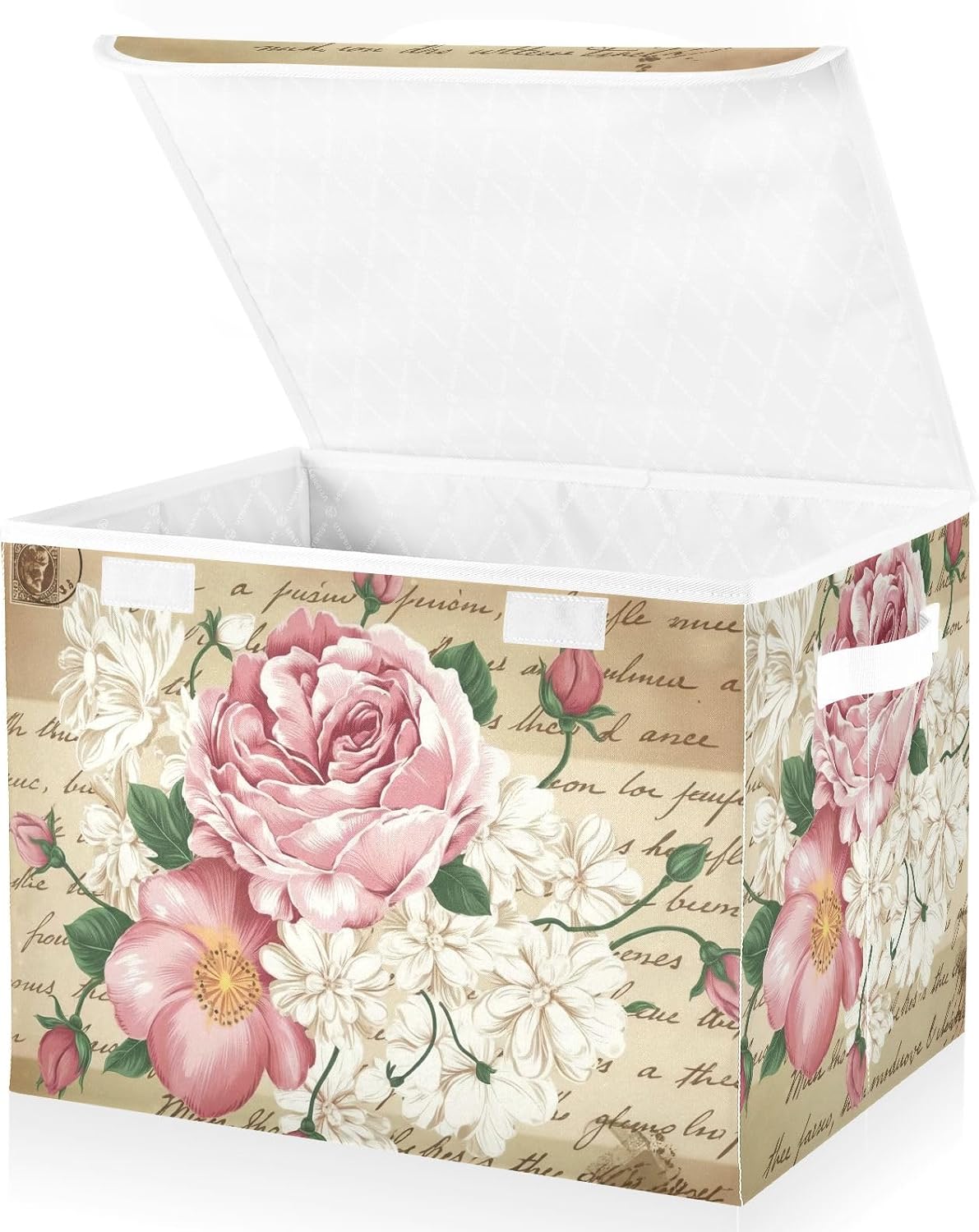 Shabby Chic Pink Rose Storage Bin with Lid Large Oxford Cloth Storage Boxes Foldable Home Cube Baskets Closet Organizers for Nursery Bedroom Office
