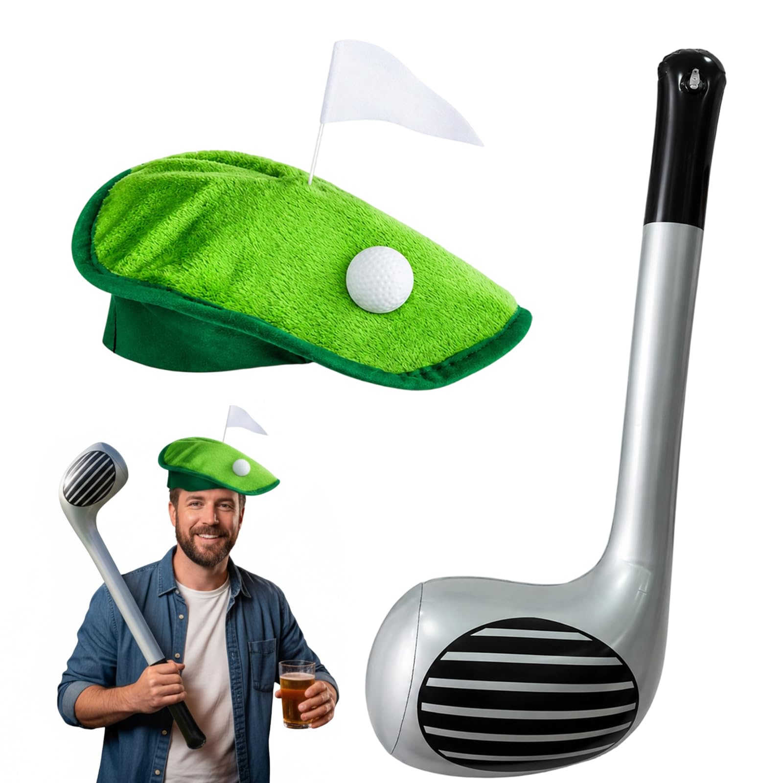 2-Piece Inflatable Golf Club and Hat Set for Pub Golf Fancy Dress, Stag Do Outfit and Novelty Sports Prop for Halloween Costume Parties and Indoor Practice