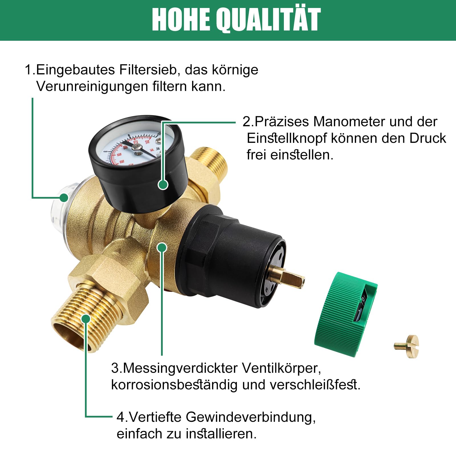 Druckminderer Wasser, 3/4 Zoll DN20 Wasserdruckminderer Messing Druckmindererventil mit Manometer und Filter, Druckregler Wasser Überdruckventil zur Regulierung des Wasserdrucks