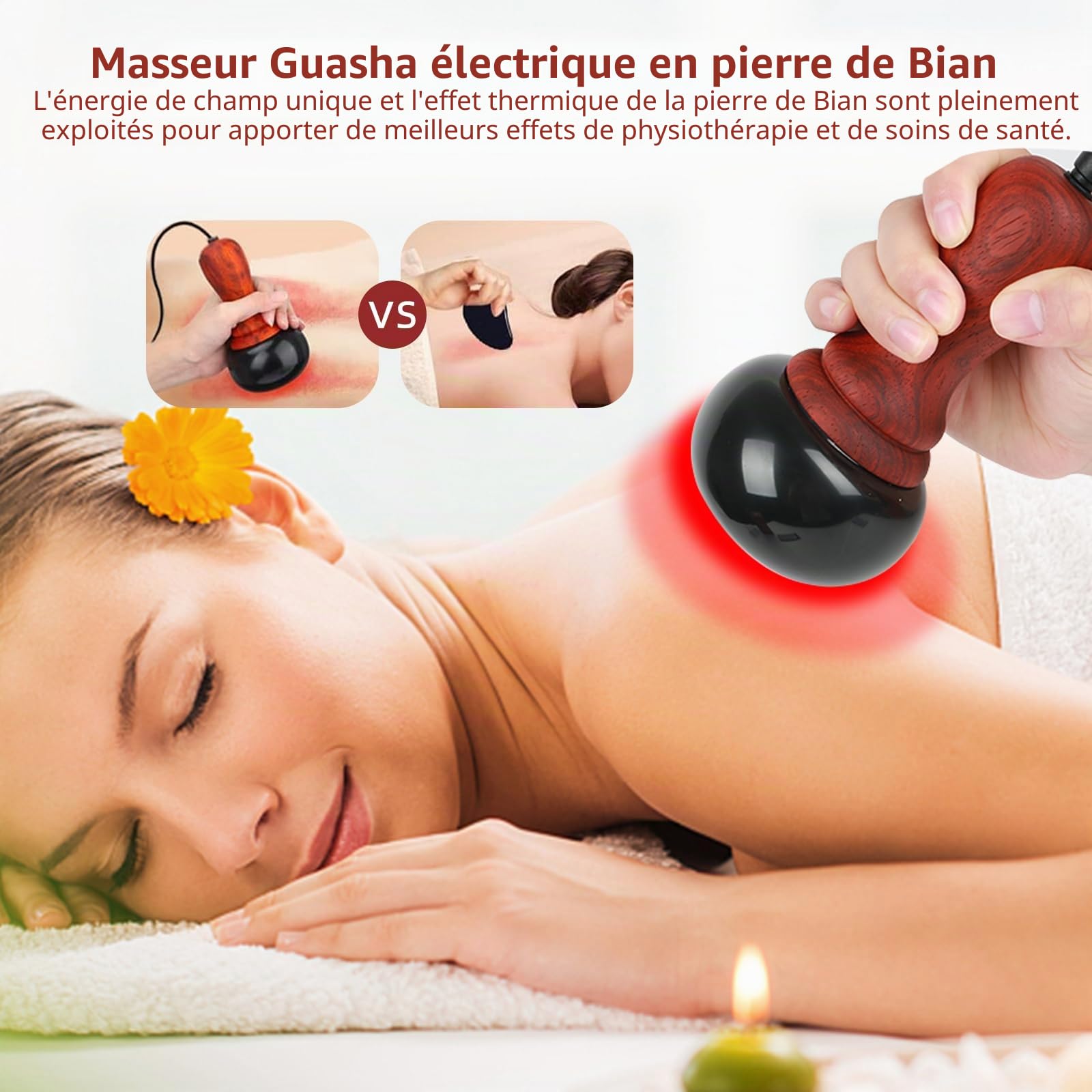 Appareil de Massage électrique à Pierres Chaudes,CEIEVER Appareil de Massage Gua Sha avec ContrôLe De La TempéRature à Cinq Vitesses Naturelle GuaSha pour massage, spa à la maison