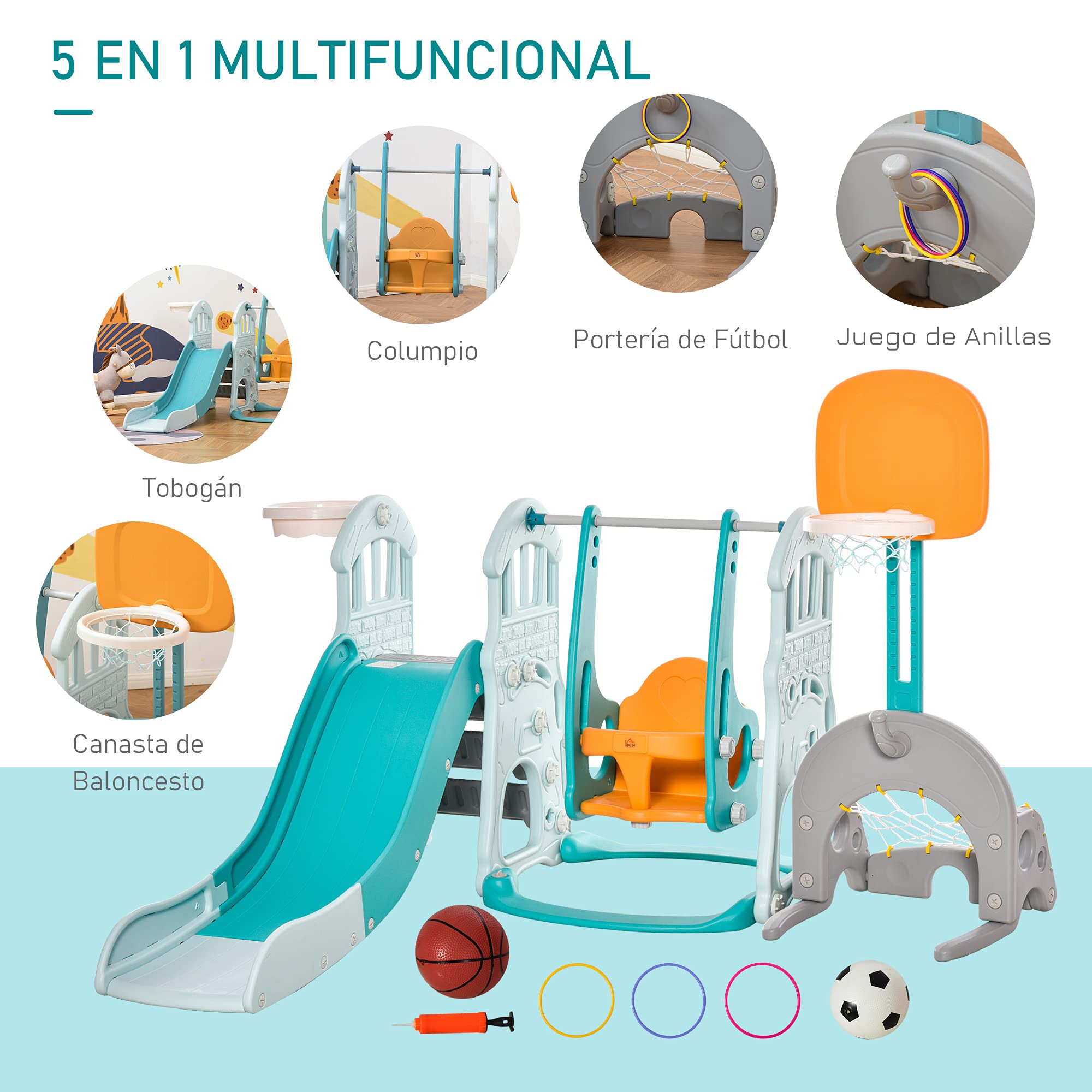 HOMCOM 5 en 1 Tobogán y Columpio para Niños +18 Meses con 2 Canastas de Baloncesto Portería Fútbol con Asiento Ajustable Parque Infantil Interior y Exterior 210x186x133 cm Multicolor