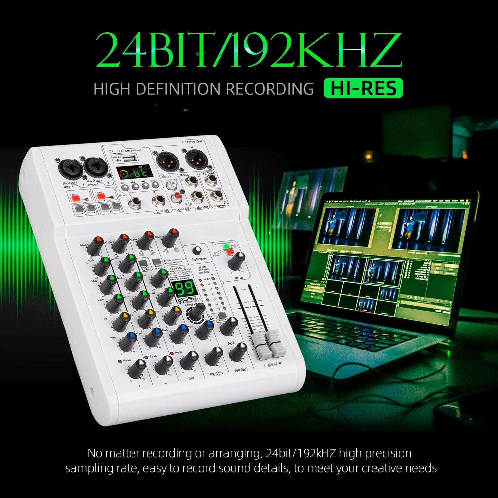 Controller DJ, Mixer, mixer DJ con 5.0 BT, riverbero digitale DSP 99, registrazione USB, qualità da studio 24 bit/192 kHz for studio, live