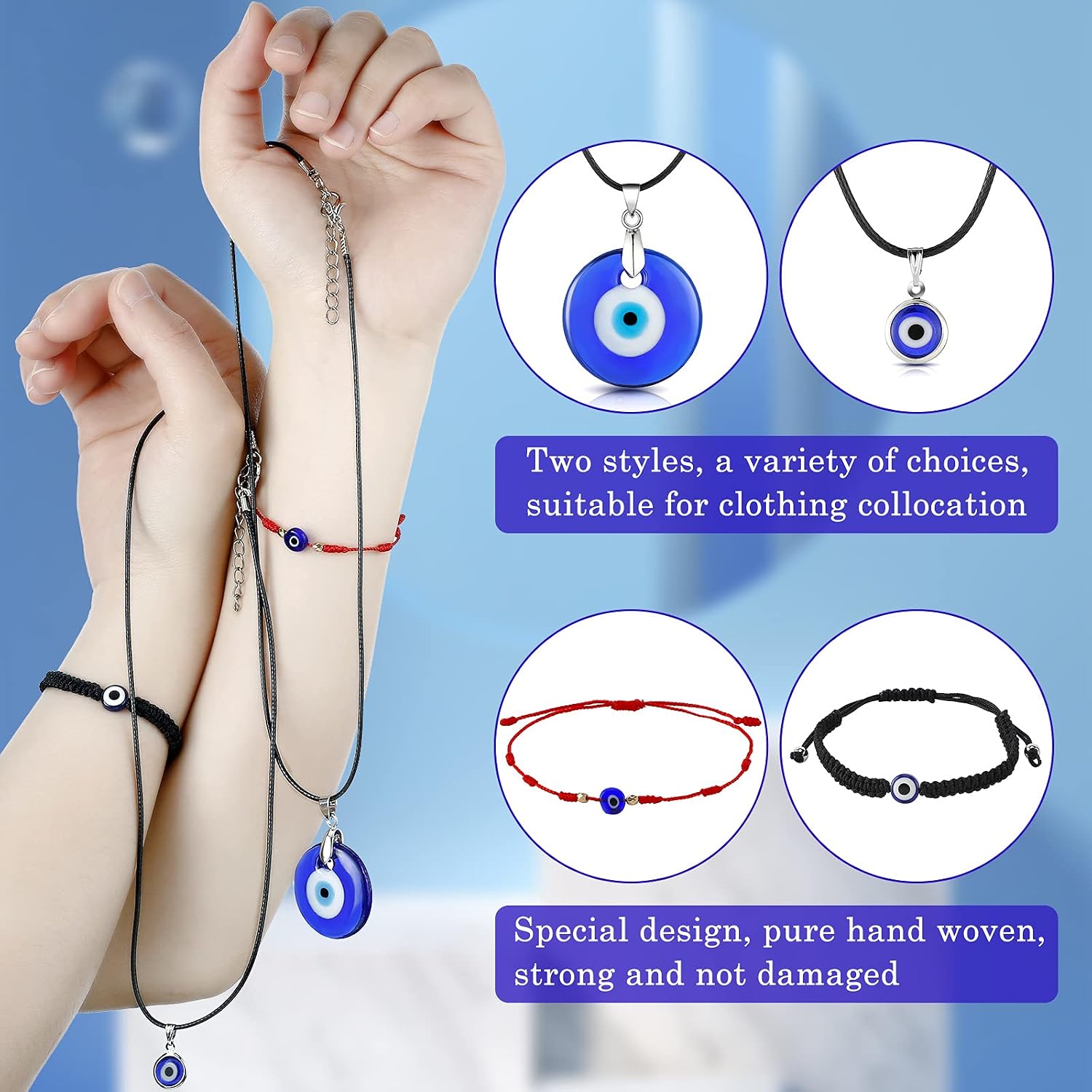 8 Pieces Evil Eye Necklace Bracelet Set 4 Evil Eye Pendant Turkish Blue Eye Necklace Glass Eye PU Leather Rope Necklace, 4 Adjustable Evil Eye Bracelets Handmade Braided 7 Knots Evil Eye Bracelet