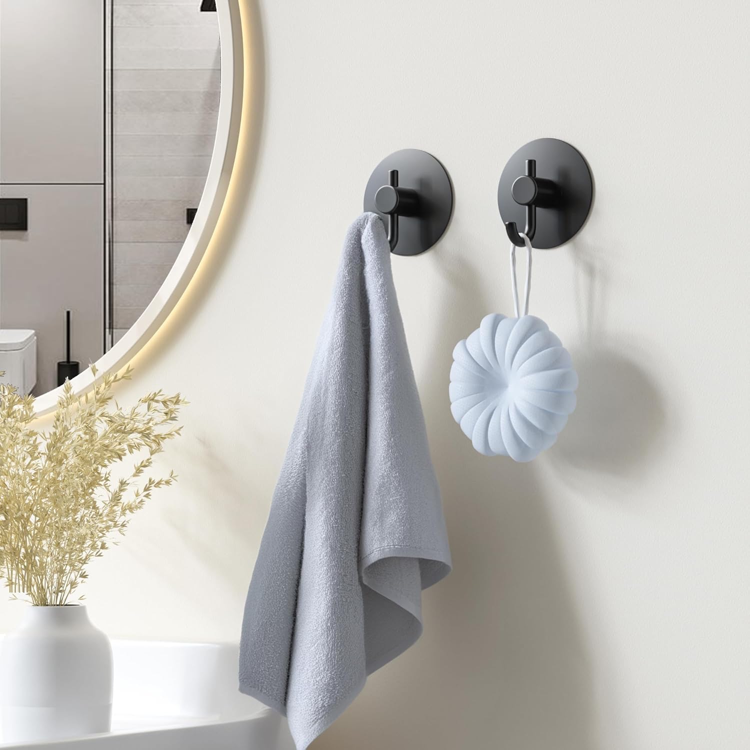 Adhesive Towel Hooks for Bathroom Wall: 4 Pack Sticky Hook Heavy Duty Coat Hanger, Sticking No Damage, Black