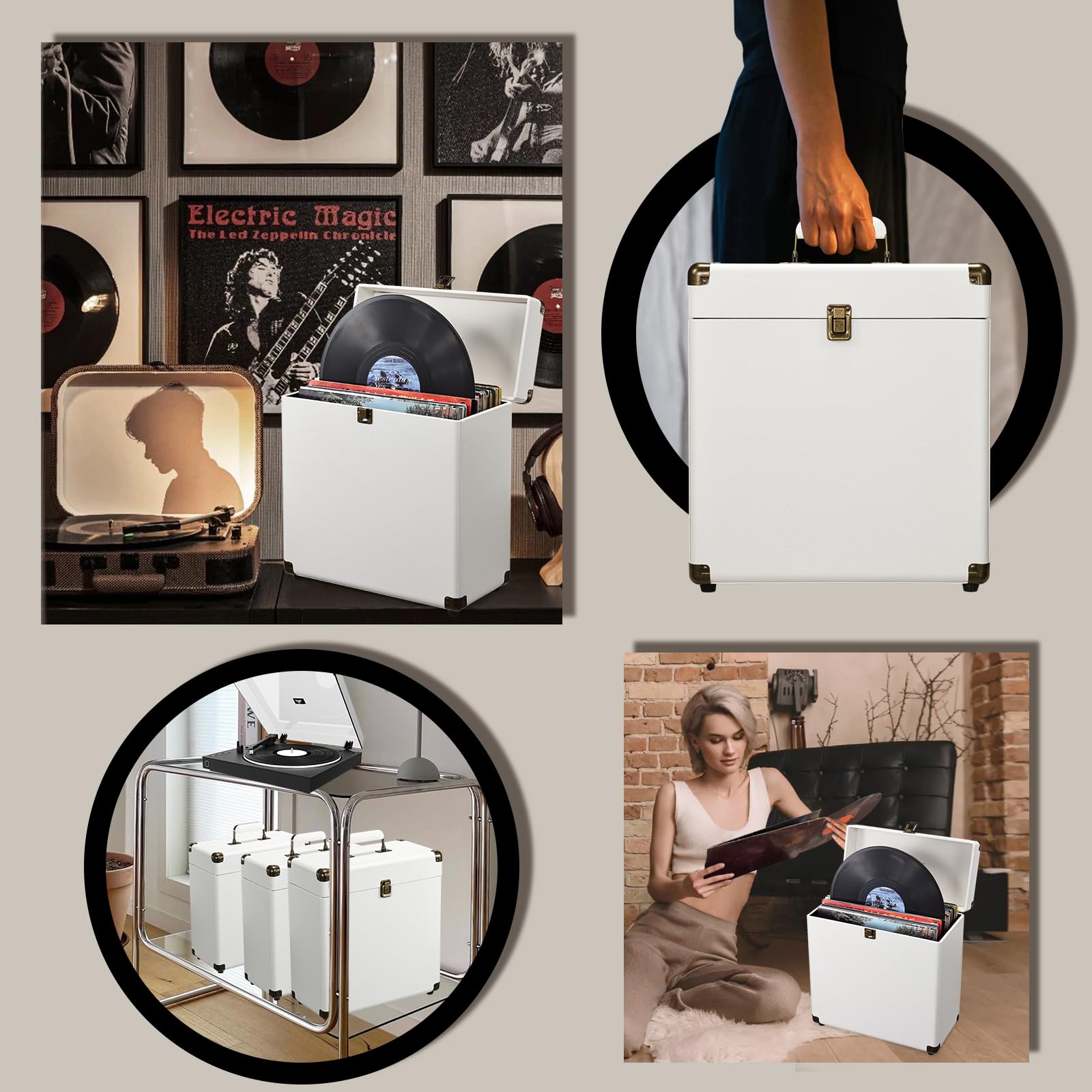 Coffre pour Vinyls de Rangement et Transport avec Serrure - Capacité 45 Disques - Malletín de Protection pour Collection, Blanc