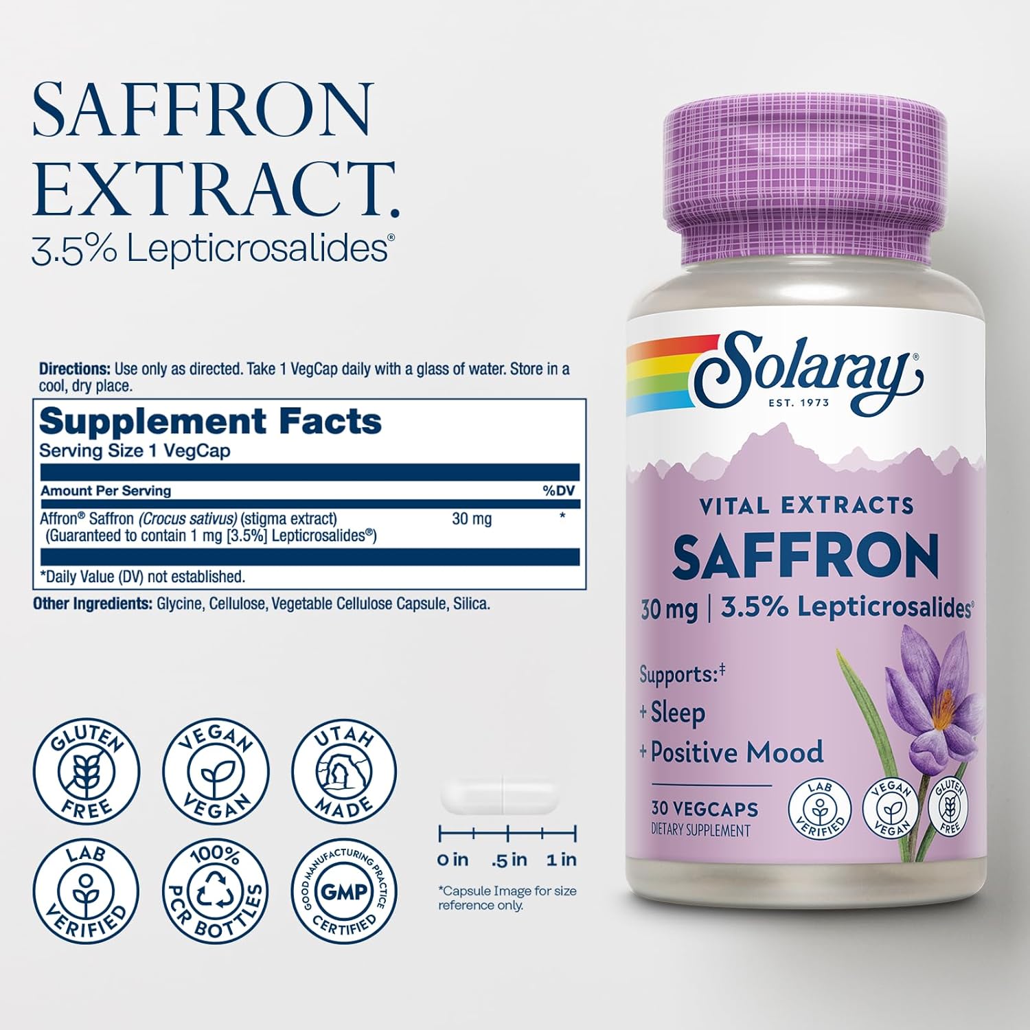 SOLARAY Saffron Extract - Sleep and Positive Mood Support - Vegan and Gluten Free Saffron Supplements - Lab Verified - 60-Day Guarantee - 30 Servings, 30 VegCaps