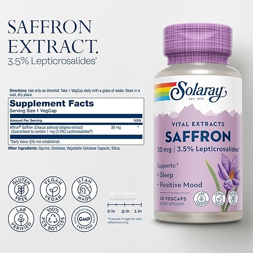 Miniatura 2 de SOLARAY Extracto de azafrán – Apoyo positivo para el sueño y el estado de ánimo – Suplementos de azafrán veganos y sin gluten – Verificado por