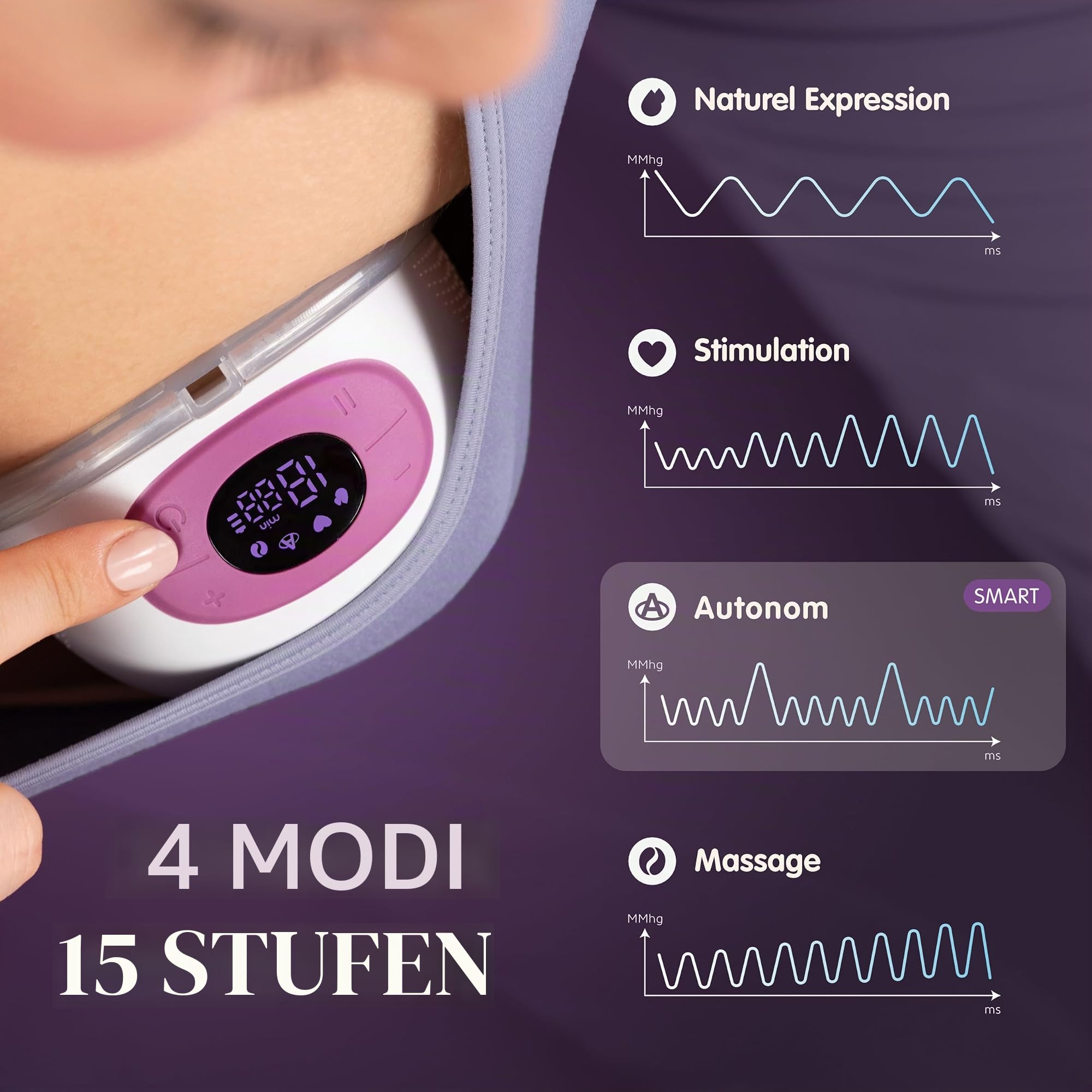 Mochi Tragbare Milchpumpe - Kabellos, Leise & Freisprecheinrichtung - 4 Modi & 15 Stufen - Smart Memory, Digital Display & Auto Shut-Off - Tragbare & Bequeme Elektrische Pumpe für Stillende Mütter