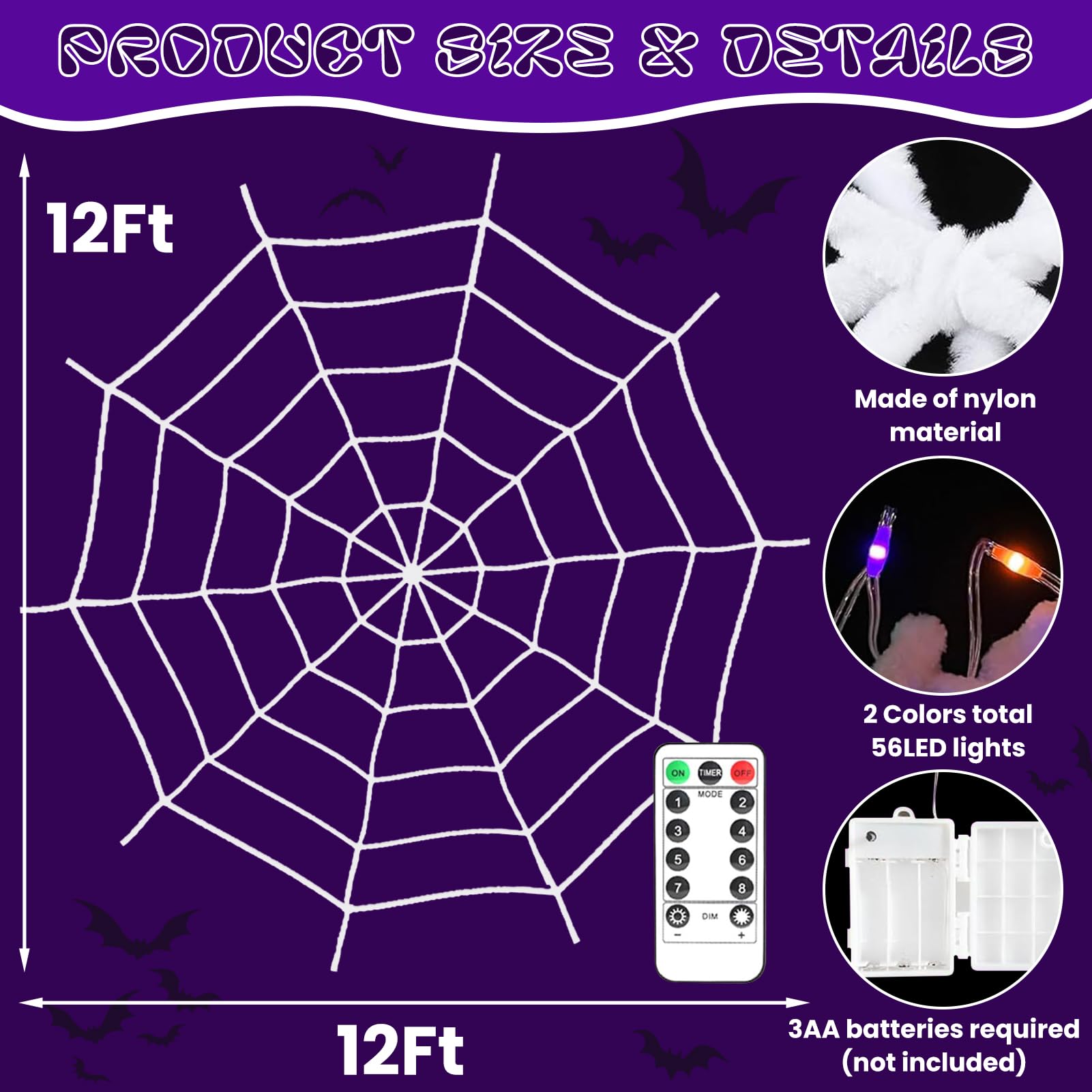 Toile D'araignée Halloween LED - 60 Perles Violettes, 8 Modes - Avec Télécommande Et Piles - Pour Décoration Extérieure/intérieure - 13