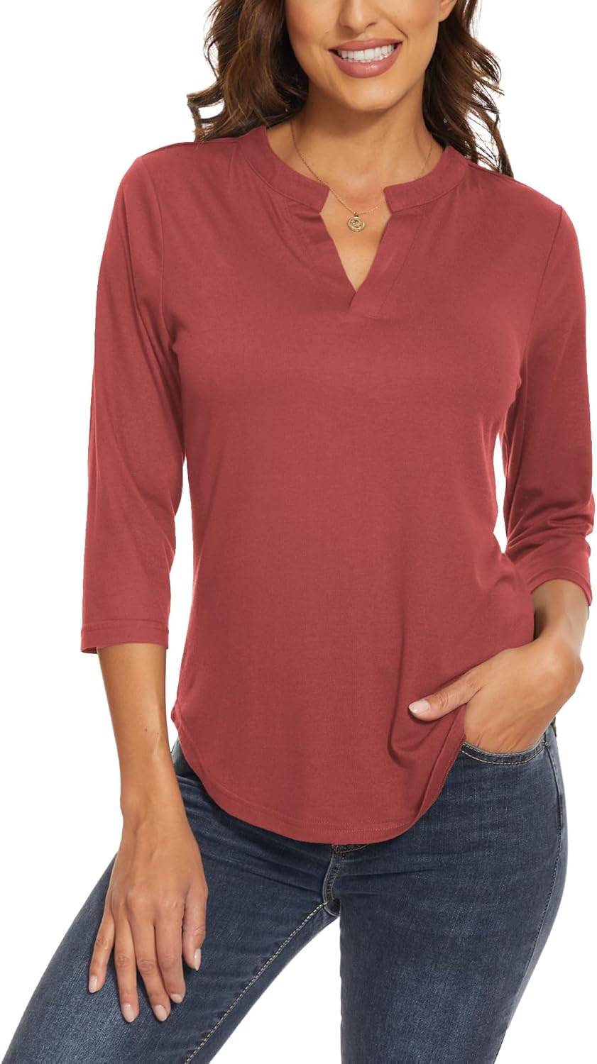 Women's 3/4 Sleeve Tunic Tops Casual Notch V Neck T-Shirts Dressy Work Tops Blouse