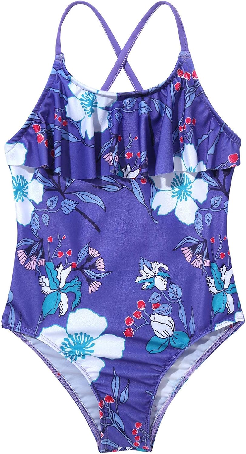 TTAO Kid Baby Girls Ruffled Trim One Piece Swimsuits Floral Pattern Strappy Beach Bathing Suit