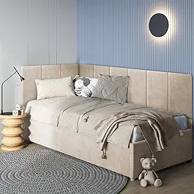 Cabeceira em L Canto Alemão Estofada Para Cama Solteiro Painel 3,00mX40cm Módulos Adesivos (Bege)