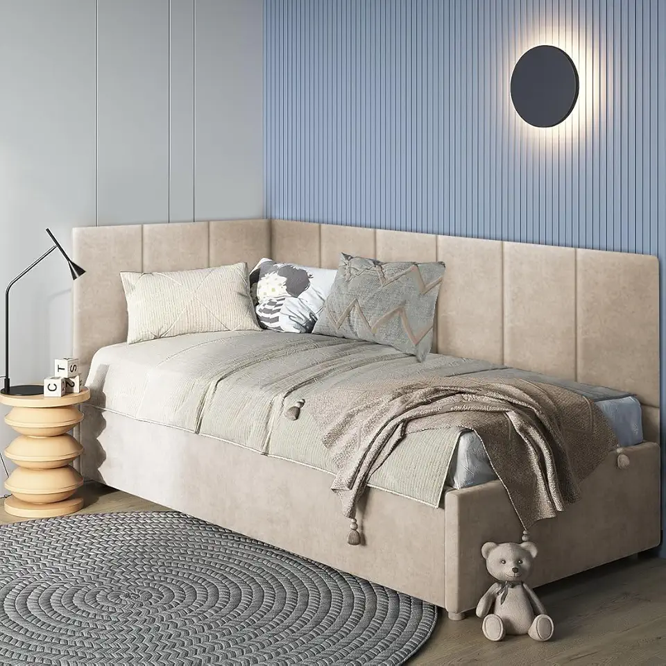 Cabeceira em L Canto Alemão Estofada Para Cama Solteiro Painel 3,00mX40cm Módulos Adesivos (Bege)