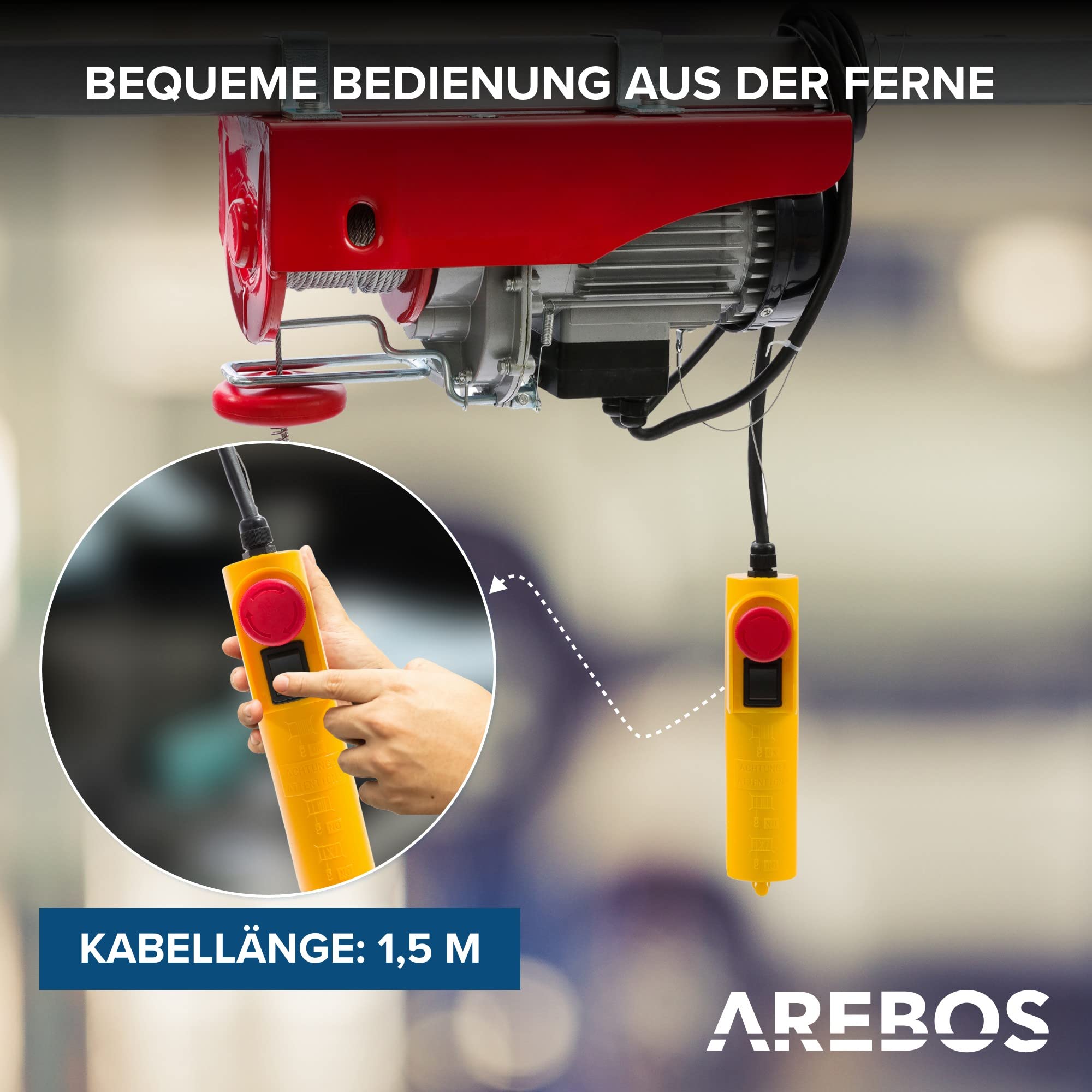 Arebos Elektrische Seilwinde 1000W Seilhebezug Kabelfernbedienung Hubhöhe 12m Tragkraft 300-600kg TÜV Rheinland GS
