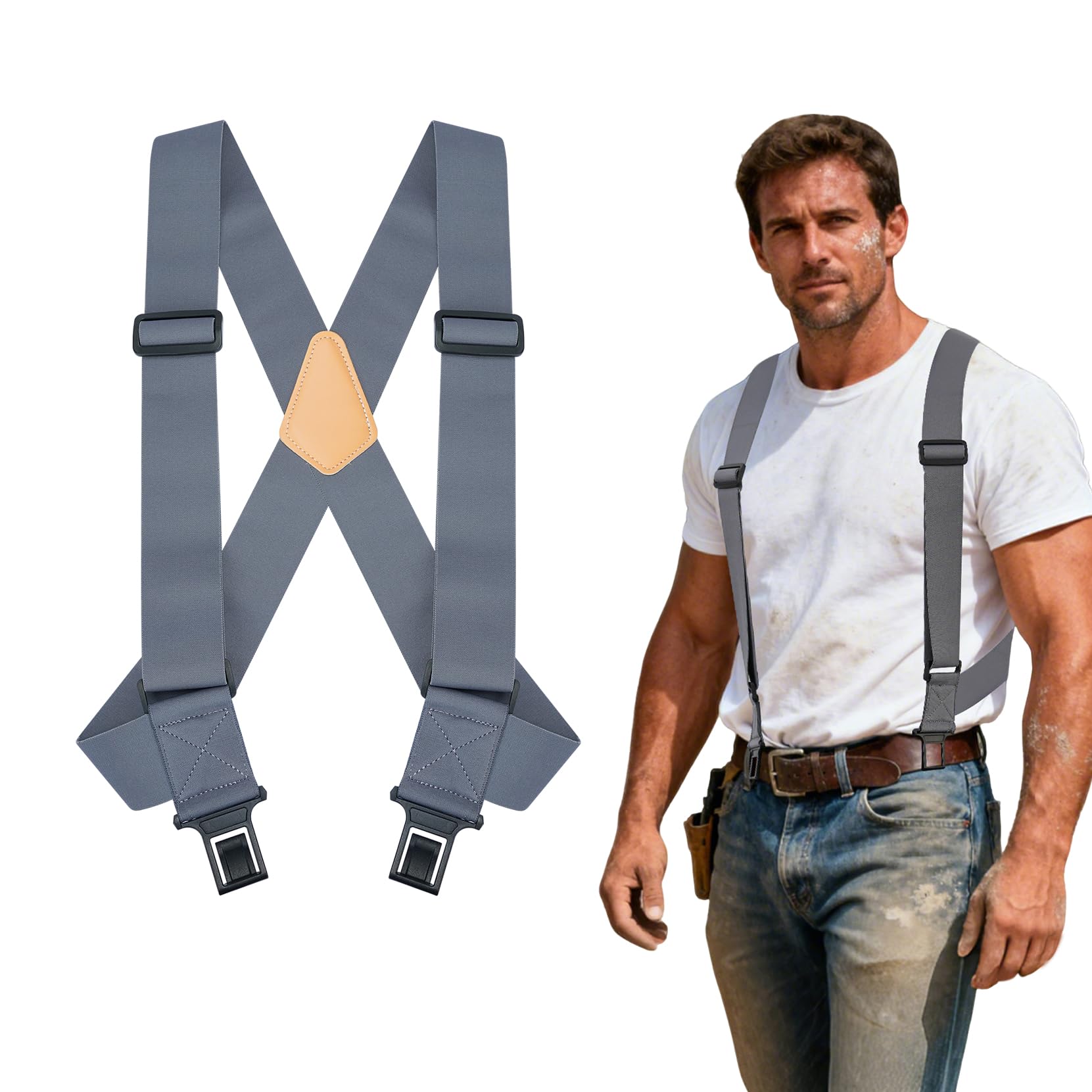 MELOTOUGH Outback Side Clip Trucker Suspenders/Perry Suspenders with 2inch Width Elastic, Grey, one size fits most