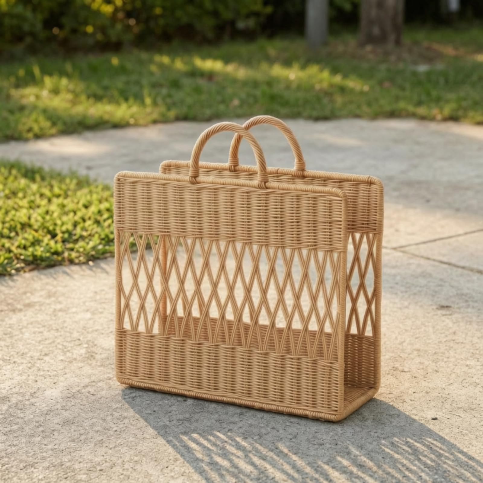 Yajuyi Panier à Magazines Tressé Panier de Rangement Corbeille Porte-revues Organisateur en Rotin PE avec Base Plate et Poignées Structure Stable et Légère Adapté au Salon Chambre Lecture