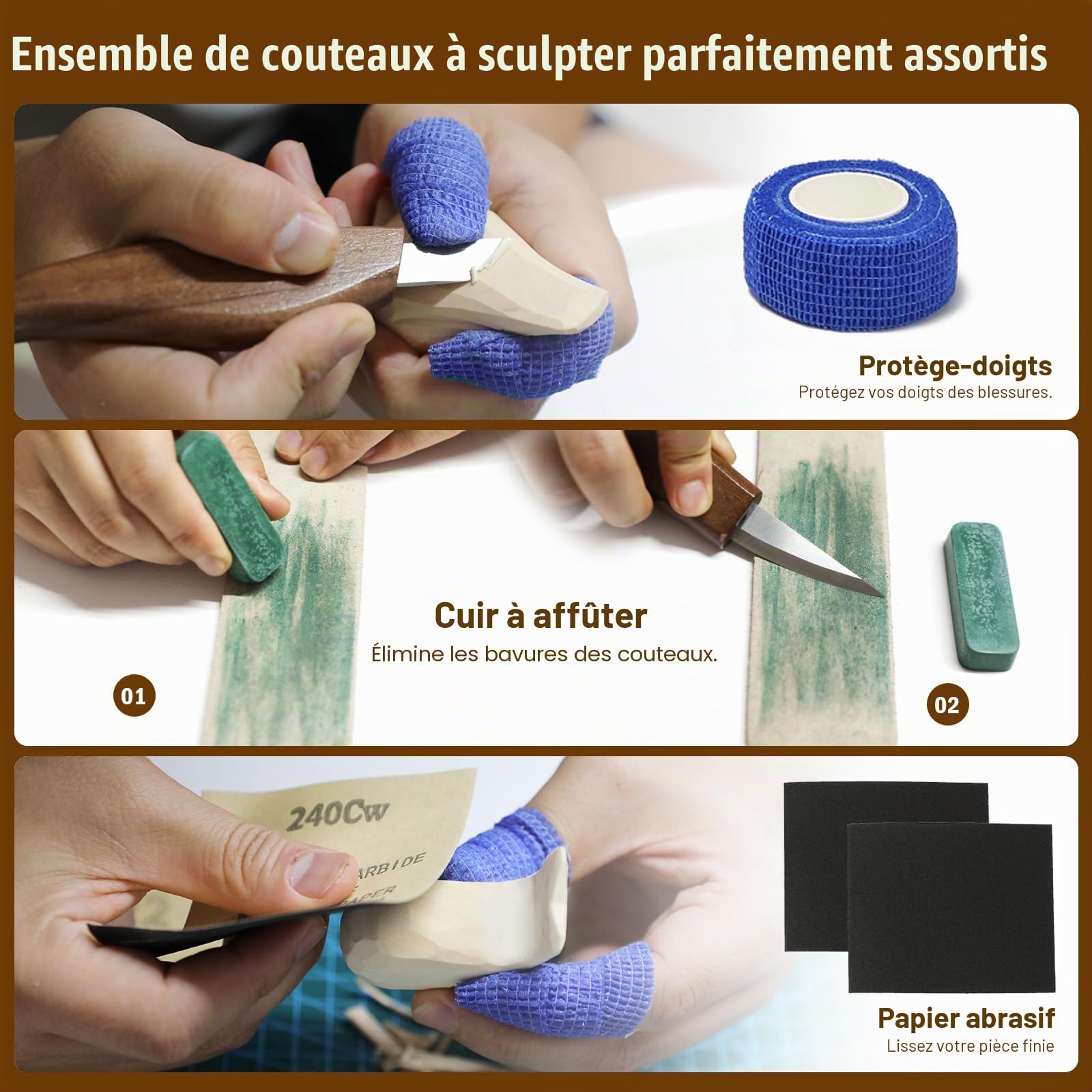 Kit Sculpture Bois 28 Pcs – 12 Couteaux à Bois, Blocs & Affûteur | Lames acier chrome-vanadium, manches en noyer antidérapants. Tout le nécessaire pour sculpteur débutant ou confirmé