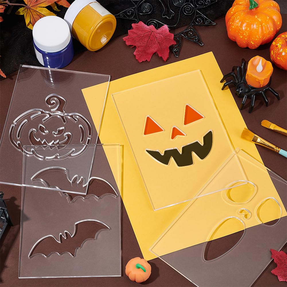 BENECREAT 4 plantillas de farolillo acrílico con diseño de calabaza murciélago para manualidades, patchwork, costura, 20,3 x 14 cm