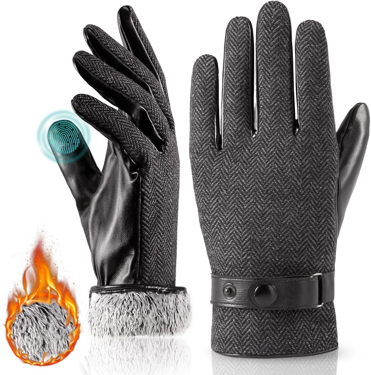 Herringbone Tweed Gloves for Men Touchscreen Winter Warm Lined Driving Black Brown Wool Blend Retro 1920s, S-XXL - Image 8