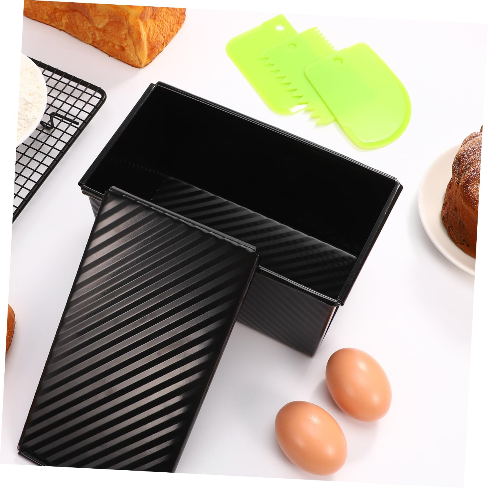Kastenform mit Deckel 3 Stück Schwarz aus Kohlenstoffstahl | Quadratische Form, zum Backen von Brot und Toast, Inklusive Teigschaber