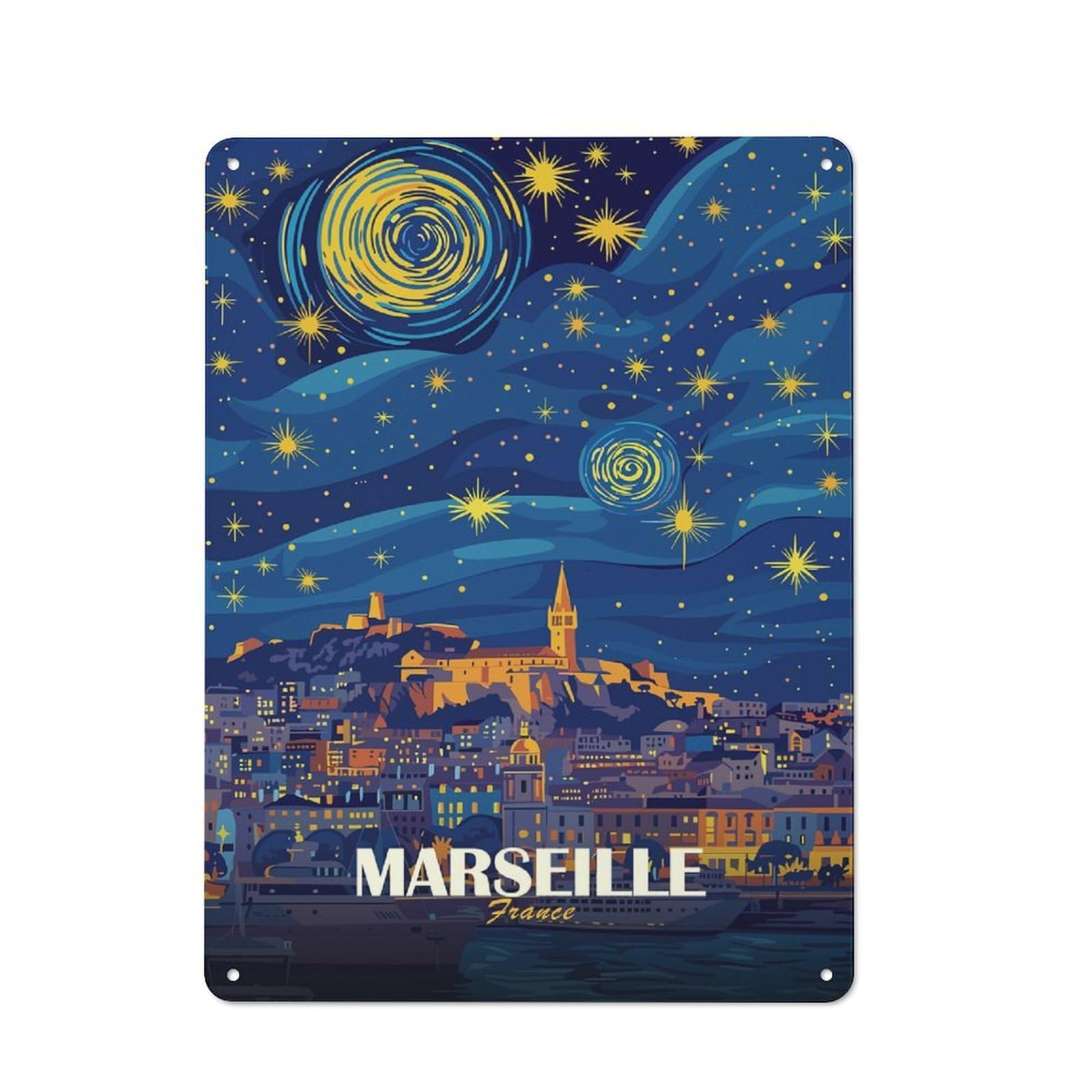 Junmoney Style-20 Cosy Marseille France Nightscape Art Metal Plaque 40X30cm, Kitchen Wall Decor For Kitchen, Cafe, Pantry Or Dining Room